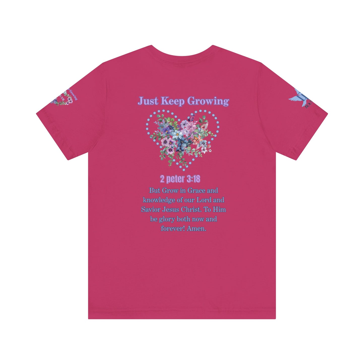 Just Keep Growing, Flowers with Trinity Triangle (2 Peter 3:18 Verse) Premium Bella Canvas tee