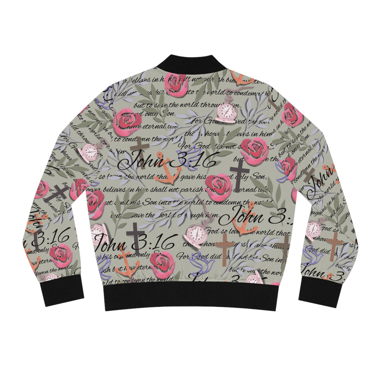 John 3:16 Floral Bomber Jacket — Christian Scripture Rose Pattern