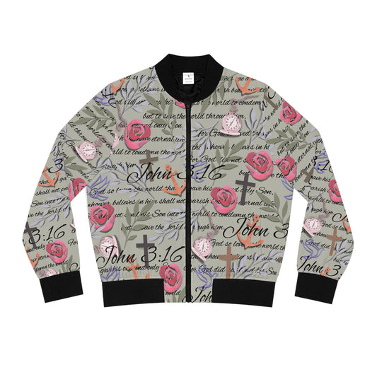 John 3:16 Floral Bomber Jacket — Christian Scripture Rose Pattern