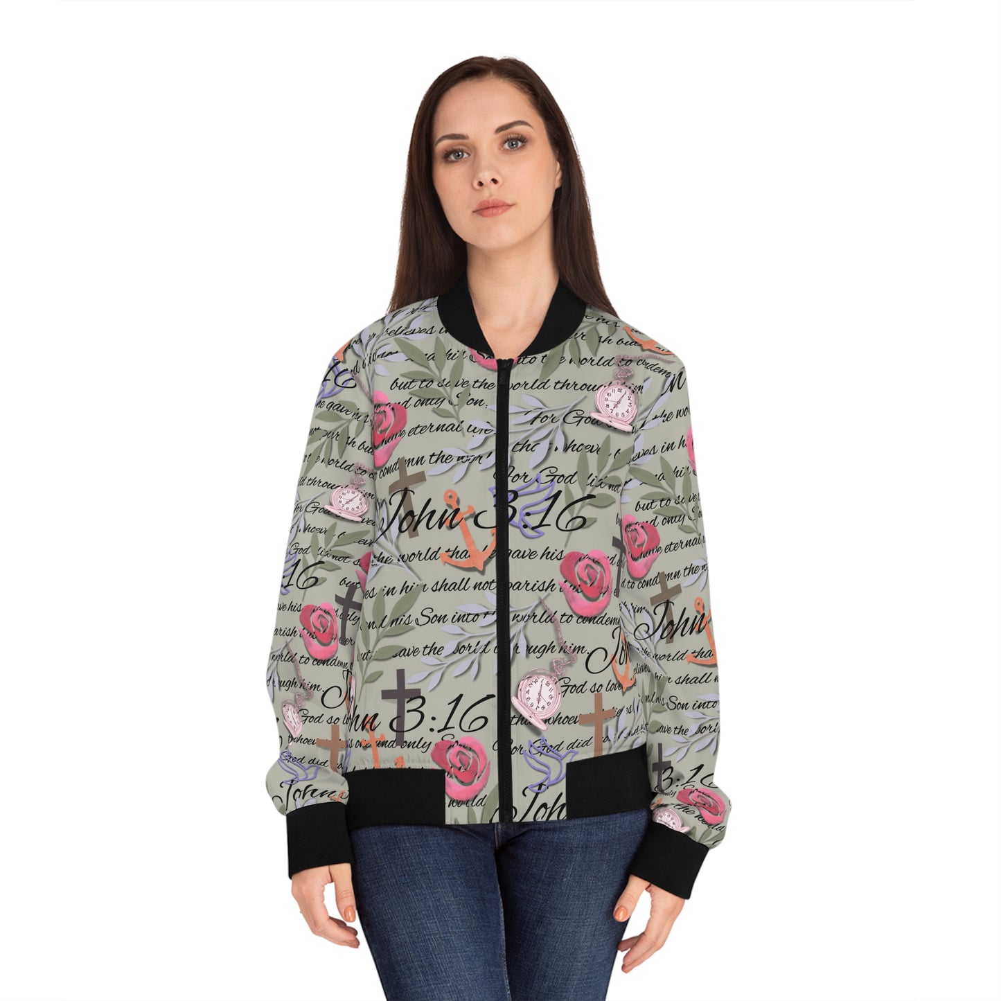 John 3:16 Floral Bomber Jacket — Christian Scripture Rose Pattern