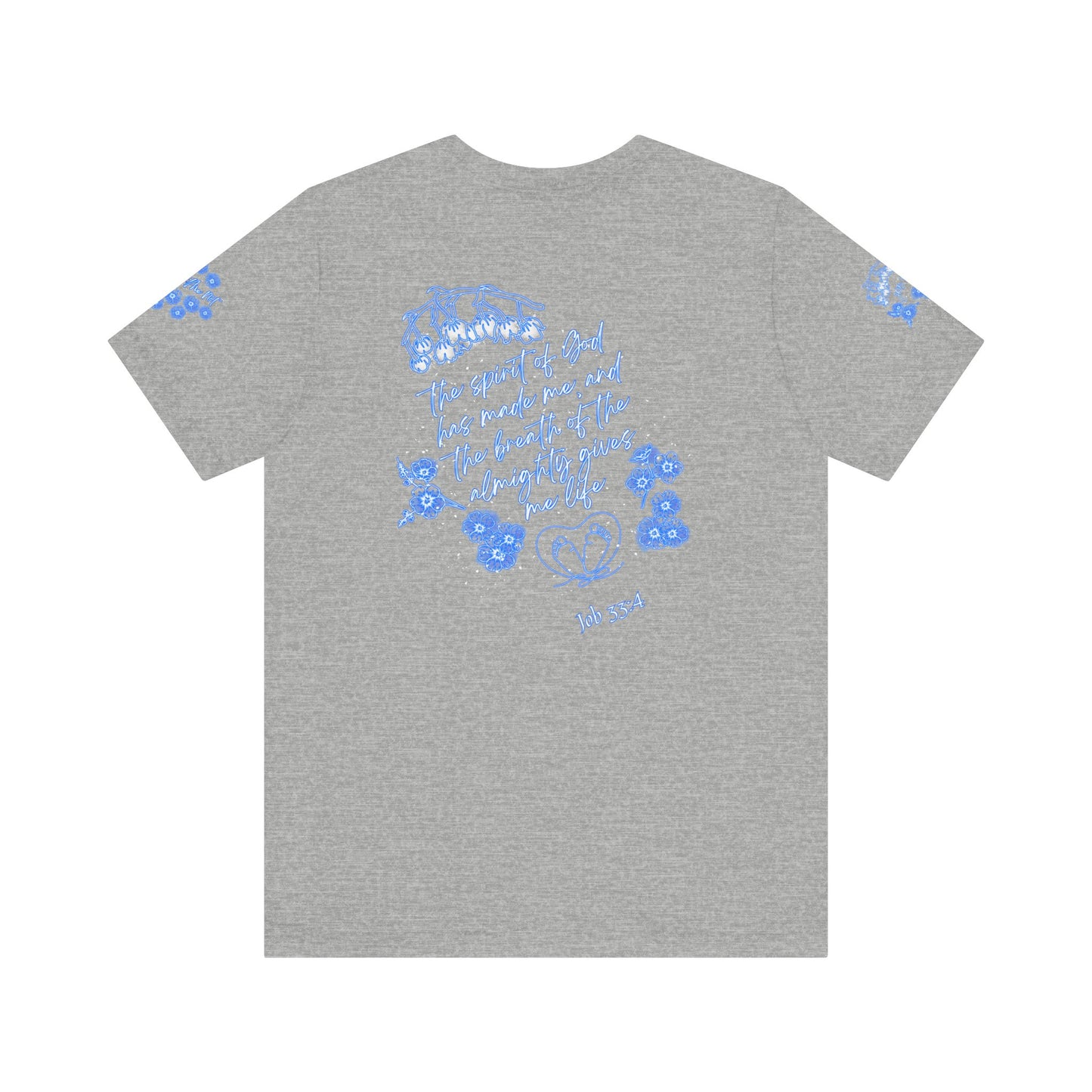Pro-Life Unborn Child Line Art decorated with Lily of the Valley flowers Included with Bible verses from "Proverbs 31:8-9 & Job 33:4 - Bella Canvas Tee