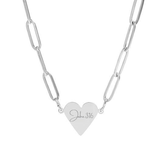 John 3:16 Paperclip Heart Necklace — Engraved Christian Redemption Jewelry