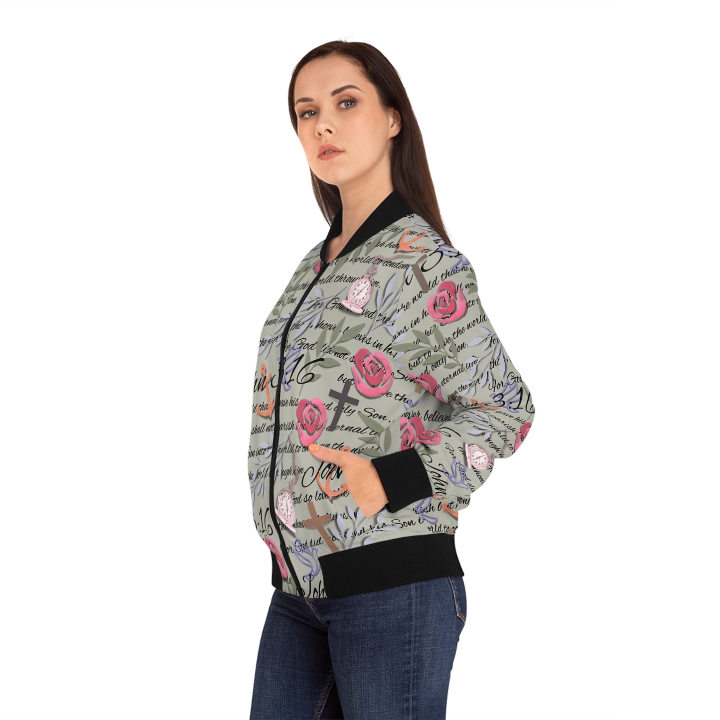 John 3:16 Floral Bomber Jacket — Christian Scripture Rose Pattern