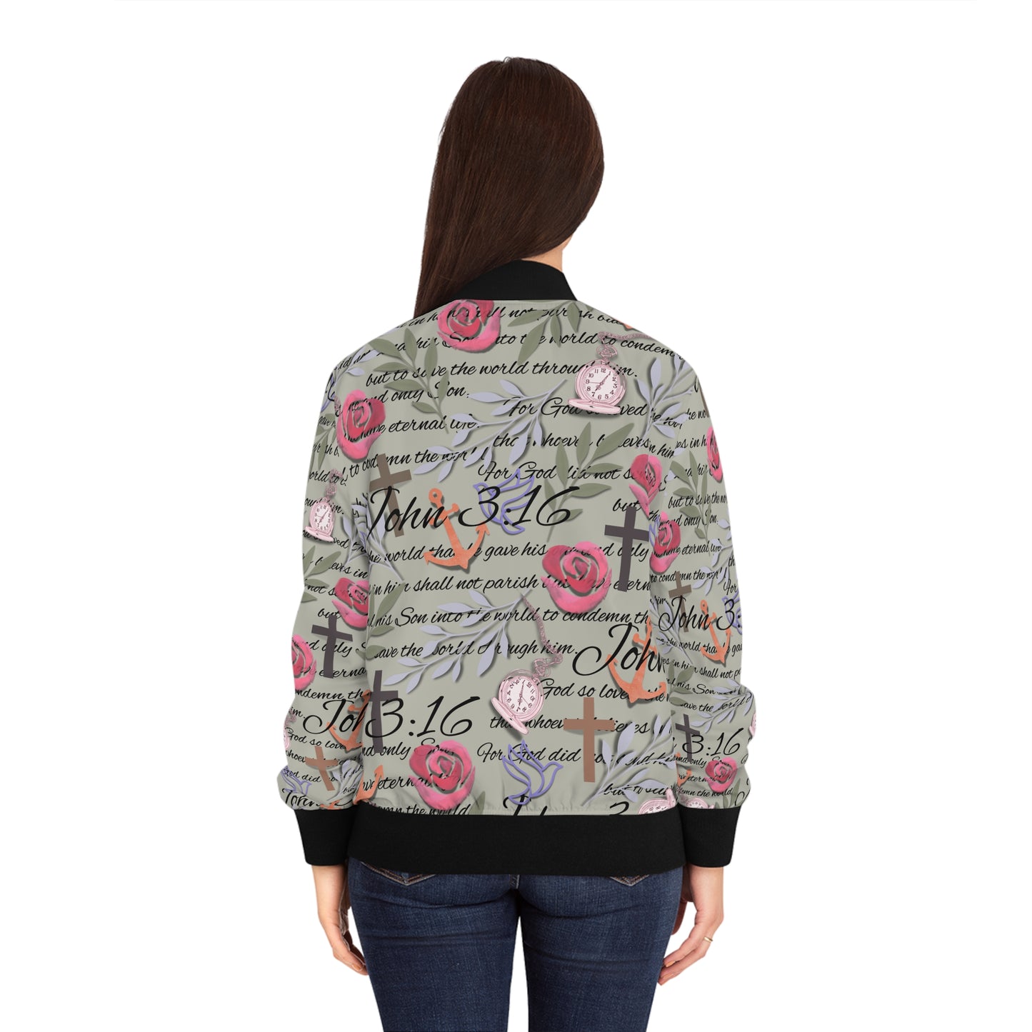 John 3:16 Floral Bomber Jacket — Christian Scripture Rose Pattern